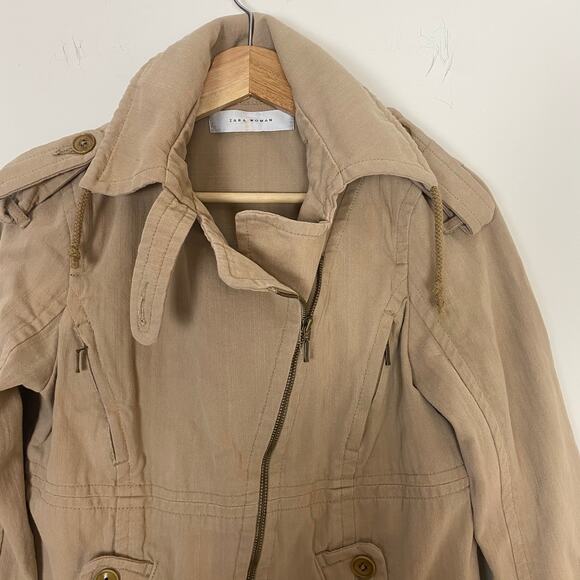 Zara Woman Tan 100% Cotton Asymmetric Zip Collared Jacket Size M - Picture 7 of 12